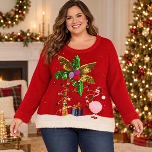 Magical Season Ugly Christmas Sweater 1X Coastal Flamingo Puff Sequin Holiday